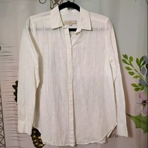 Loft White Shirt Textured Long Sleeves Top Blouse Button Medium Casual